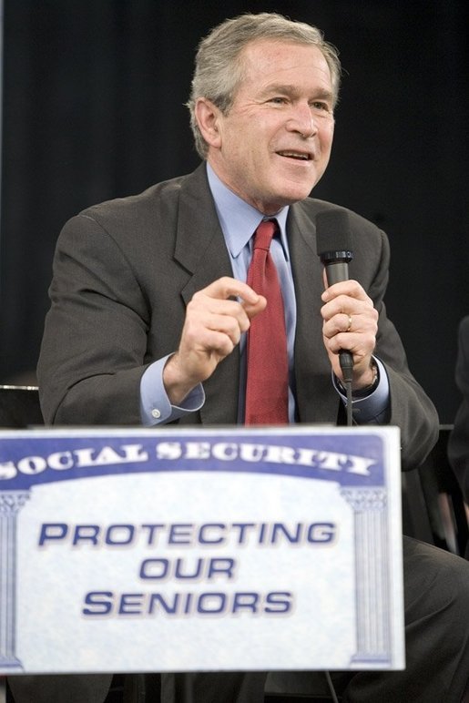 President George W. Bush participates in a conversation on Social Security reform at Auburn University at Montgomery in Montgomery, Alabama on Thursday March 10, 2005. White House photo by Paul Morse