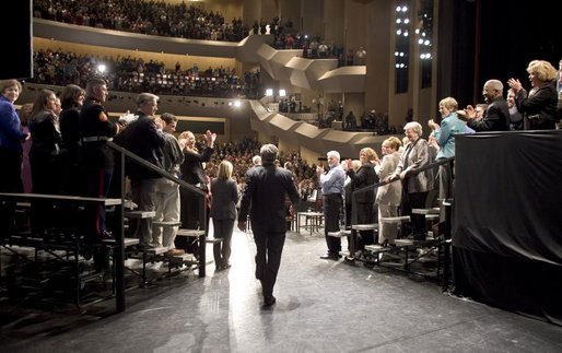 President George W. Bush receives a warm welcome at the Kentucky Center for the Performing Arts in Louisville, Ky., where he kicks off a two-day trip to promote his plan to reform Social Security Thursday, March 10, 2005. White House photo by Paul Morse