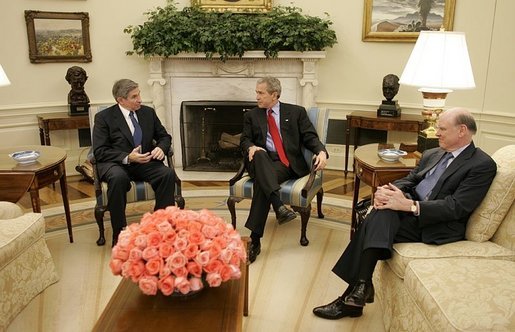 President George W. Bush meets with Deputy Secretary of Defense Paul Wolfowitz and Secretary of Treasury John Snow in the Oval Office Wednesday, March 16, 2005. White House photo by Paul Morse