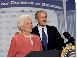Former First Lady Barbara Bush introduces her son President George W. Bush during a discussion on strengthening Social Security at the Lake Nona YMCA Family Center in Orlando, Fla., Friday, Mar. 18, 2005.  White House photo by Eric Draper