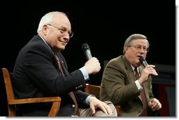 Vice President Dick Cheney and Rep. Bill Thomas, R-CA, chairman of the Ways and Means Committee, discuss Social Security reform during a town hall meeting in Bakersfield, Calif., March 21, 2005.  White House photo by David Bohrer
