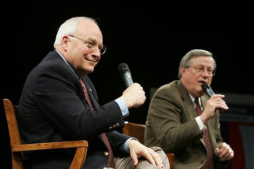 Vice President Dick Cheney and Rep. Bill Thomas, R-CA, chairman of the Ways and Means Committee, discuss Social Security reform during a town hall meeting in Bakersfield, Calif., March 21, 2005. White House photo by David Bohrer