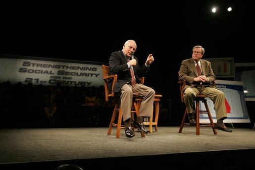 Vice President Dick Cheney discusses strengthening Social Security during a town hall meeting in Bakersfield, Calif., March 21, 2005. On stage with the Vice President is Rep. Bill Thomas, R-CA, chairman of the Ways and Means Committee. White House photo by David Bohrer