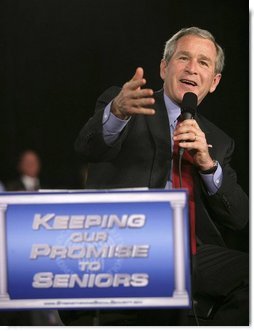President George W. Bush emphasizes a point as he talks about strengthening Social Security Monday, March 21, 2005, to senior citizens at the Tucson Convention Center in Tucson, Ariz.  White House photo by Eric Draper