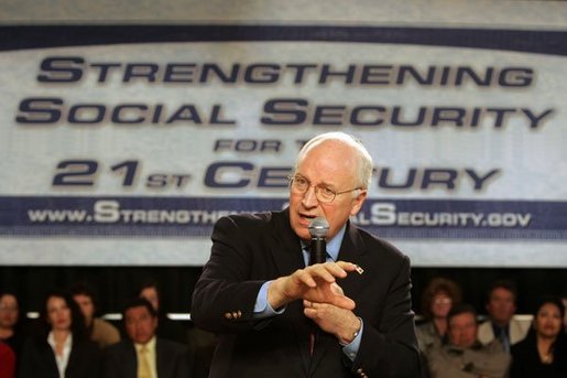 Vice President Dick Cheney emphasizes a point as he talks about strengthening Social Security at the Neil Road Recreation Center in Reno, Nev., Tuesday, March 22, 2005. White House photo by David Bohrer