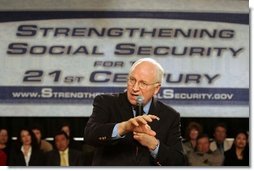 Vice President Dick Cheney emphasizes a point as he talks about strengthening Social Security at the Neil Road Recreation Center in Reno, Nev., Tuesday, March 22, 2005.  White House photo by David Bohrer