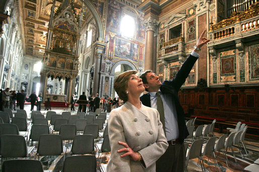 First lady Laura Bush is given a tour of St. John at the Lateran Church in Rome by art historian Dr. Stefano Aluffi-Pentini Thursday, April 7, 2005. The President and Mrs. Bush are in Italy for the scheduled Friday funeral of Pope John Paul II. White House photo by Krisanne Johnson