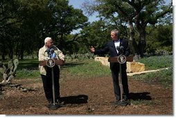 Israeli Prime Minister Ariel Sharon and President George W. Bush hold a press conference after meeting at the President's Ranch in Crawford, Texas, Monday, April 11, 2005. "I strongly support his courageous initiative to disengage from Gaza and part of the West Bank. The Prime Minister is willing to coordinate the implementation of the disengagement plan with the Palestinians. I urge the Palestinian leadership to accept his offer," said President Bush. White House photo by David Bohrer