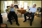 President George W. Bush emphasizes a point as he shares a moment with Israel Prime Minister Ariel Sharon during the Prime Minister's visit Monday, April 11, 2005, to the President's ranch in Crawford, Texas. White House photo by Eric Draper