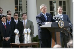 President George W. Bush speaks during a ceremony honoring the 2005 Super Bowl Champions in the Rose Garden Wednesday, April 13, 2005.  White House photo by Eric Draper