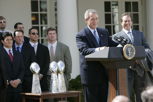 President George W. Bush speaks during a ceremony honoring the 2005 Super Bowl Champions in the Rose Garden Wednesday, April 13, 2005. White House photo by Eric Draper