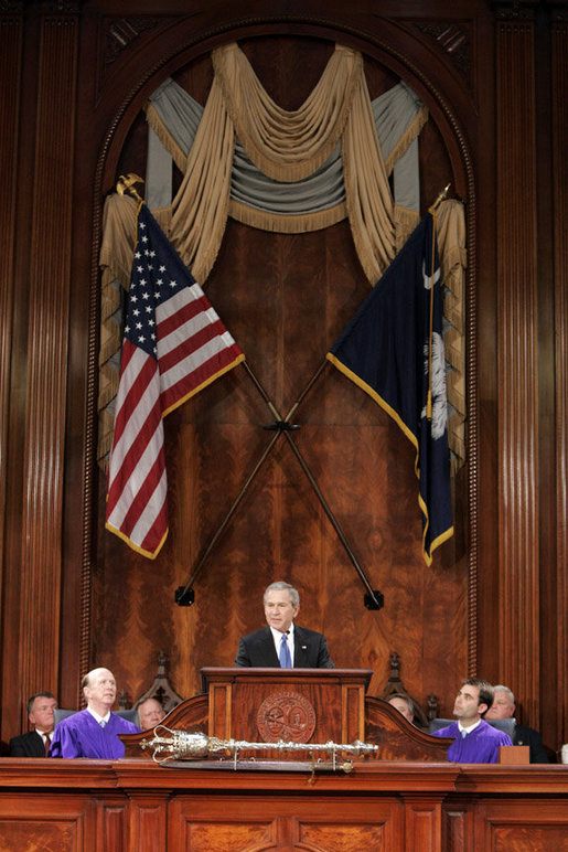 President George W. Bush addresses South Carolina legislators at the State House in Columbia Monday, April 18, 2005. "The people of South Carolina look to you and they look to your Governor for leadership. And you delivered. You set clear priorities for your budget, and you made hard decisions when it came to spending. To rein in the rising costs of health care, you became one of the first states in the nation to offer health savings accounts to state employees," said the President.White House photo by Paul Morse