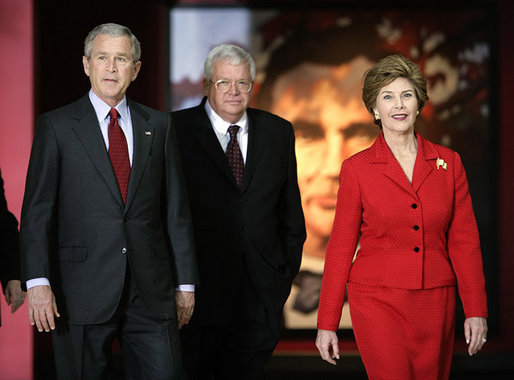 President George W. Bush, Laura Bush and U.S. House Speaker Dennis Hastert, R-Ill., tour the Abraham Lincoln Presidential Library and Museum in Springfield, Ill., Tuesday, April 19, 2005. White House photo by Eric Draper