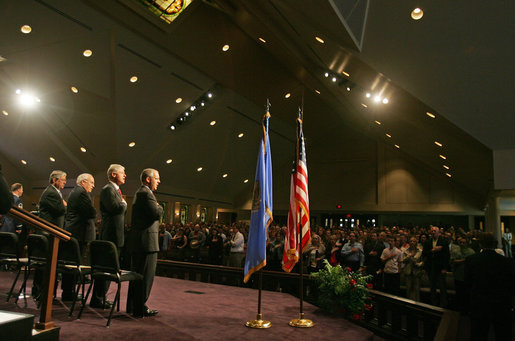 Vice President Dick Cheney attends the Day of Remembrance ceremony commemorating the 10th anniversary of the bombing of the Alfred P. Murrah Federal Building in Oklahoma City, Okla., April 19, 2005. At 9:02 a.m., Vice President Cheney and former President Bill Clinton joined victims of the bombing in 168 seconds of silence in remembrance of the 168 people killed 10 years ago. Pictured on stage, from left, are Frank Hill, chairman of the Oklahoma City National Memorial Foundation, former President Bill Clinton, Vice President Dick Cheney, and Oklahoma Governor Brad Henry. White House photo by David Bohrer