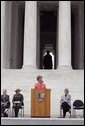 Laura Bush talks about America's national parks during a Junior Ranger campaign event at the Thomas Jefferson Memorial in Washington, D.C., April 21, 2005. White House photo by Paul Morse
