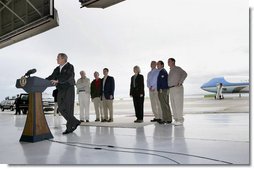 President George W. Bush delivers remarks on Earth Day Friday, April 22, 2005, at McGhee Tyson Air National Guard Base in Knoxville, Tenn. Standing behind him are, from left: Rep. John Duncan, Jr.; Senator Lamar Alexander; Senator Bill Frist; Interior Secretary Gale Norton; EPA Administrator Steve Johnson; Rep. Zach Wamp, and Rep. William Jenkins.  White House photo by Eric Draper
