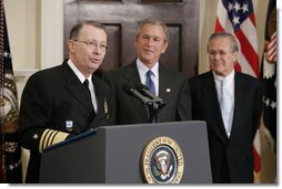  President George W. Bush and Secretary of Defense Donald Rumsfeld listen as Admiral Edmund Giambastiani, Jr., speaks to the media Friday, April 22, 2005, at the White House after being nominated by the President as Vice Chairman of the Joint Chiefs of Staff. Admiral "G" presently is Commander of the U.S. Joint Forces Command in Norfolk and first Supreme Allied Commander for Transformation.  White House photo by Paul Morse
