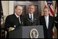  President George W. Bush and Secretary of Defense Donald Rumsfeld listen as Admiral Edmund Giambastiani, Jr., speaks to the media Friday, April 22, 2005, at the White House after being nominated by the President as Vice Chairman of the Joint Chiefs of Staff. Admiral "G" presently is Commander of the U.S. Joint Forces Command in Norfolk and first Supreme Allied Commander for Transformation. White House photo by Paul Morse