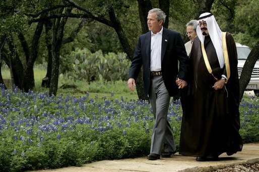 President George W. Bush welcomes Saudi Crown Prince Abdullah to his ranch Monday, April 25, 2005, in Crawford, Texas. The President told the media on hand he looked forward to "talking with him about a variety of subjects." White House photo by David Bohrer