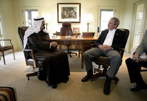 President George W. Bush visits with Saudi Crown Prince Abdullah Monday, April 25, 2005, at the President's ranch in Crawford, Texas. White House photo by Eric Draper