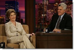 Laura Bush talks with Jay Leno of The Tonight Show during a taping of the show in Los Angeles April 26, 2005.  White House photo by Krisanne Johnson