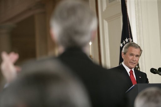 President George W. Bush listens to a reporter's question during a press conference in the East Room Thursday, April 28, 2005. White House photo by Eric Draper