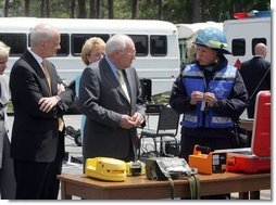 During a visit to the Federal Law Enforcement Training Center in Glyco, Georgia, Vice President Dick Cheney and Department of Homeland Security Secretary Michael Chertoff are shown some of the kinds of equipment used by emergency workers in the event of a chemical or biological attack May 2, 2005.  White House photo by David Bohrer