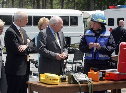 During a visit to the Federal Law Enforcement Training Center in Glyco, Georgia, Vice President Dick Cheney and Department of Homeland Security Secretary Michael Chertoff are shown some of the kinds of equipment used by emergency workers in the event of a chemical or biological attack May 2, 2005. White House photo by David Bohrer