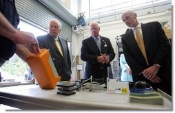 Vice President Dick Cheney, Senator Saxby Chambliss, and Department of Homeland Security Secretary Michael Chertoff are shown various types of radioactive sensing devices during a visit to the Federal Law Enforcement Training Center in Glynco, Georgia, May 2, 2005.  White House photo by David Bohrer