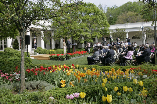 President George W. Bush and Laura Bush celebrate National Preservation Month by announcing the 2005 Preserve America Presidential Awards Winners in the Rose Garden Monday, May 2, 2005.White House photo by Eric Draper