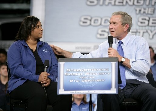 President George W. Bush leads the discussion on stage with Cynthia Roberts, a Nissan employee, during a Conversation on Strengthening Social Security Tuesday, May 3, 2005 at the Nissan North America Manufacturing Plant in Canton, Miss. White House photo by Eric Draper