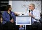 President George W. Bush leads the discussion on stage with Cynthia Roberts, a Nissan employee, during a Conversation on Strengthening Social Security Tuesday, May 3, 2005 at the Nissan North America Manufacturing Plant in Canton, Miss. White House photo by Eric Draper
