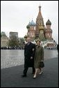 President George W. Bush and Laura Bush enter Moscow's Red Square before the start of a military parade honoring the 60th anniversary of the end of World War II Monday, May 9, 2005. White House photo by Eric Draper
