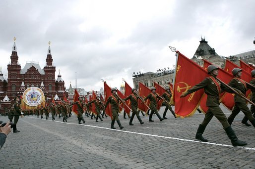 Russian solders march in a military procession commemorating the 60th anniversary of the end of World War II in Moscow's Red Square Monday, May 9, 2005. White House photo by Eric Draper