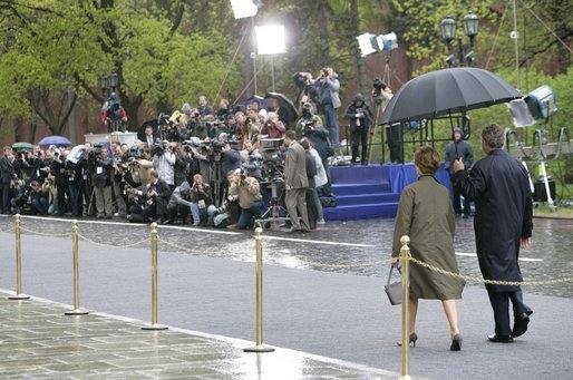 President George W. Bush and Laura Bush arrive for ceremonies at Moscow's Red Square to commemorate the 60th Anniversary of the end of World War II Monday, May 9, 2005. White House photo by Eric Draper