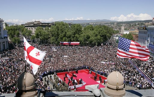 Thousands gather in Freedom Square to hear President George W. Bush speak in Tbilisi, Georgia, Tuesday, May 10, 2005. "When Georgians gathered here 16 years ago, this square had a different name. Under Lenin's steely gaze, thousands of Georgians prayed and sang, and demanded their independence, said President Bush. "The Soviet army crushed that day of protest, but they could not crush the spirit of the Georgian people." White House photo by Paul Morse