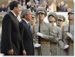 Troops stand at attention as President George W. Bush and Georgian President Mikhail Saakashvili review the troops during an arrival ceremony in Tiblisi Tuesday, May 10, 2005.  White House photo by Paul Morse