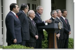 Discussing the Central American and Dominican Republic Free Trade Agreement, President George W. Bush stands with leaders from Central America and the Dominican Republic in the Rose Garden Thursday, May 12, 2005. From left, they are: El Salvadoran President Antonio Saca, Costa Rican President Abel Pacheco, Nicaraguan President Enrique Bolanos, Honduran President Ricardo Maduro, Guatemalan President Oscar Berger and Dominican Republican President Leonel Fernandez.  White House photo by Eric Draper