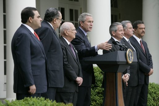 Discussing the Central American and Dominican Republic Free Trade Agreement, President George W. Bush stands with leaders from Central America and the Dominican Republic in the Rose Garden Thursday, May 12, 2005. From left, they are: El Salvadoran President Antonio Saca, Costa Rican President Abel Pacheco, Nicaraguan President Enrique Bolanos, Honduran President Ricardo Maduro, Guatemalan President Oscar Berger and Dominican Republican President Leonel Fernandez. White House photo by Eric Draper