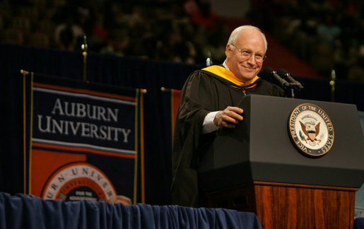 Vice President Dick Cheney smiles after making a joke during his commencement speech at Auburn University in Auburn, Alabama, to a crowd of over 9,000 graduating students and family members Friday, May 13, 2005. White House photo by David Bohrer