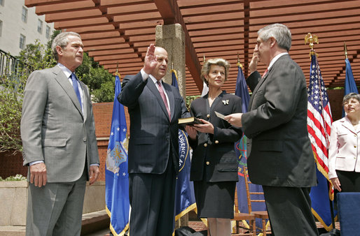 President George W. Bush attends the swearing-in ceremony of Ambassador John Negroponte as National Intelligence Director at the New Executive Office Building Wednesday, May 18, 2005. White House photo by Paul Morse