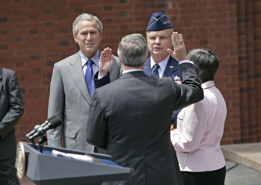 President George W. Bush attends the swearing-in ceremony of Air Force Lt. Gen. Michael V. Hayden, center, as Deputy Director of National Intelligence at the New Executive Office Building Wednesday, May 18, 2005. White House photo by Eric Draper