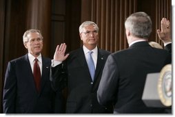 President George W. Bush attends the swearing in of Steve Johnson as the EPA Administrator in Washington, D.C., Monday, May 23, 2005.  White House photo by Paul Morse