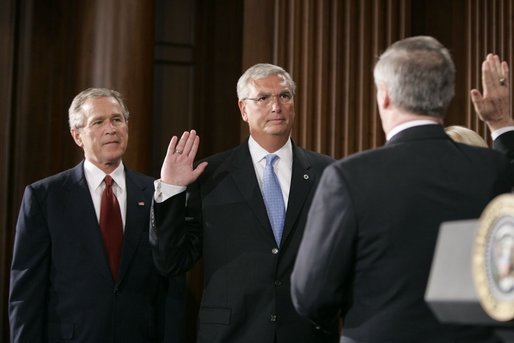 President George W. Bush attends the swearing in of Steve Johnson as the EPA Administrator in Washington, D.C., Monday, May 23, 2005. White House photo by Paul Morse