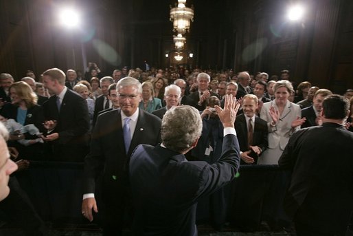 President George W. Bush waves to the audience during the swearing-in ceremony of Steve Johnson as the EPA Administrator in Washington, D.C., Monday, May 23, 2005. White House photo by Paul Morse