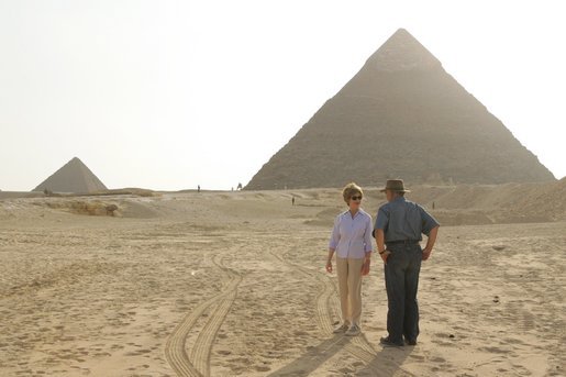 Laura Bush tours the Giza Pyramids with Dr. Zahi Hawass, secretary general of the Supreme Council of Antiquities, during her visit to Cairo, Egypt, Monday, May 23, 2005. White House photo by Krisanne Johnson