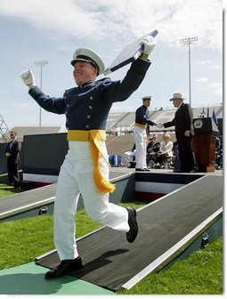 A cadet celebrates after receiving his diploma from the U.S. Air Force Academy in Colorado on Wednesday, June 1, 2005. Vice President Dick Cheney delivered the commencement address and personally congratulated the newly-commissioned officers.  White House photo by David Bohrer