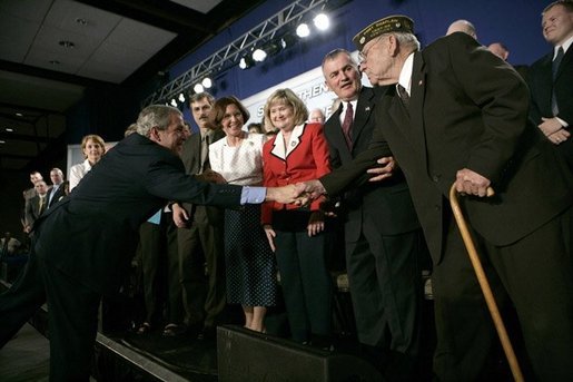 President George W. Bush makes a point as he addresses a crowd of more than 1,000 during a Conversation on Strengthening Social Security at the Hopkinsville Christian County Conference and Convention Center in Hopkinsville, Ky., Thursday, June 2, 2005. White House photo by Eric Draper