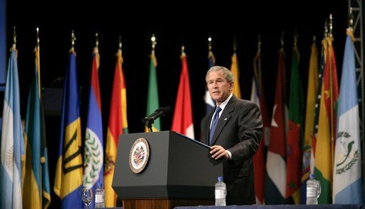 President George W. Bush delivers remarks at the opening of the Organization of American States General Assembly in Ft Lauderdale, Florida, Monday, June 6, 2005. White House photo by Eric Draper