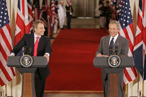President George W. Bush and British Prime Minister Tony Blair hold a joint press conference in the East Room Tuesday, June 7, 2005. "Prime Minister Blair and I share a common vision of a world that is free, prosperous, and at peace," said President Bush. "When men and women are free to choose their own governments, to speak their minds, and to pursue a good life for their families, they build a strong, prosperous and just society." White House photo by Paul Morse